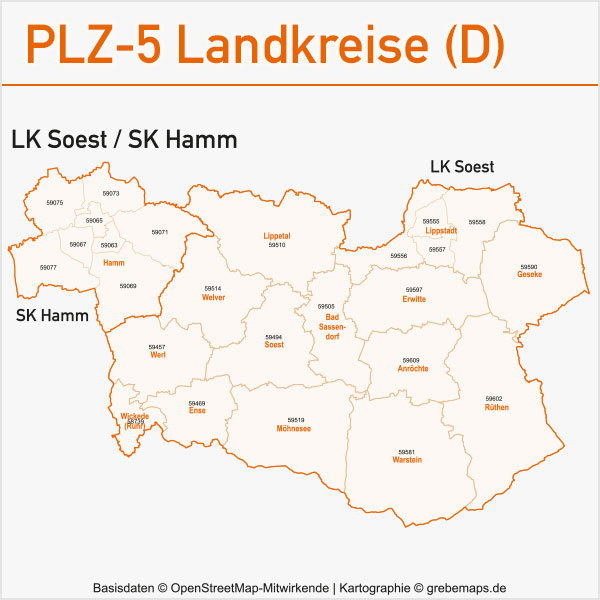 Postleitzahlen-Karten PLZ-5 Vektor Landkreise Deutschland Landkreis Soest Stadtkreis Hamm