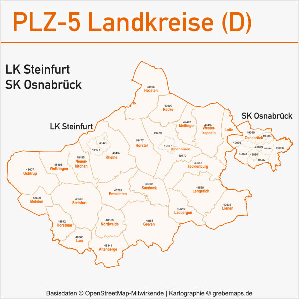 Postleitzahlen-Karten PLZ-5 Vektor Landkreise Deutschland Landkreis Steinfurt Stadtkreis Osnabrück