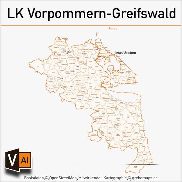 Landkreis Vorpommern-Greifswald Postleitzahlen-Karte PLZ-5 Gemeinden Vektor