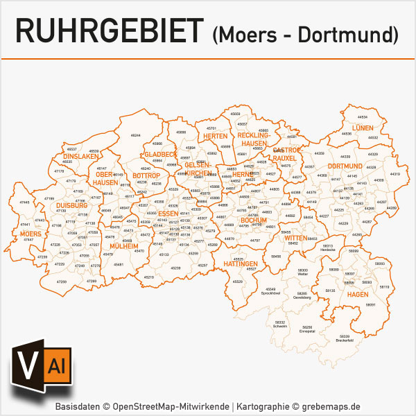 Ruhrgebiet Postleitzahlen-Karte PLZ-5 Gemeinden Vektor, AI-Datei, Vektorkarte Ruhrgebiet, PLZ-Karte Ruhrgebiet, Gemeindekarte Ruhrgebiet