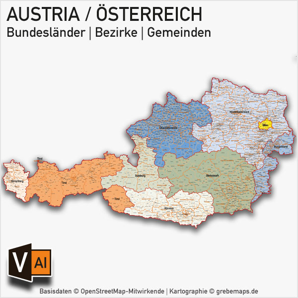 Österreich Austria Vektorkarte Bundesländer Bezirke Gemeinden
