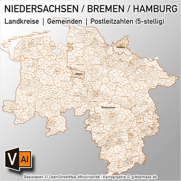 Niedersachsen / Bremen / Hamburg Vektorkarte Landkreise Gemeinden PLZ-5