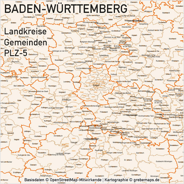 Baden-Württemberg Vektorkarte Landkreise Gemeinden PLZ-5