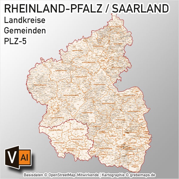 Rheinland-Pfalz / Saarland Vektorkarte Landkreise Gemeinden PLZ-5