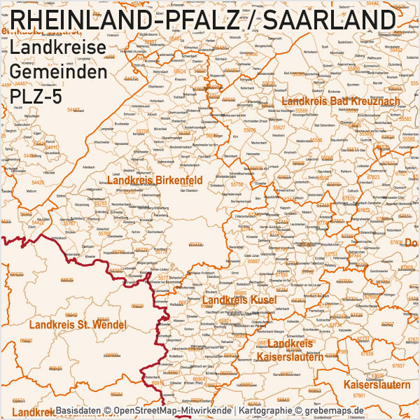 Rheinland-Pfalz / Saarland Vektorkarte Landkreise Gemeinden PLZ-5