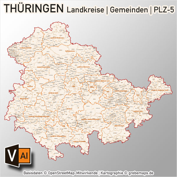 Thüringen Vektorkarte Landkreise Gemeinden PLZ-5