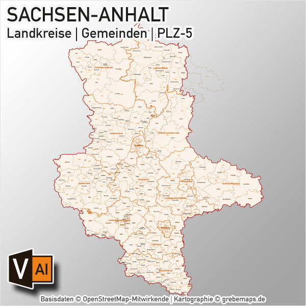 Sachsen-Anhalt Vektorkarte Landkreise Gemeinden PLZ-5