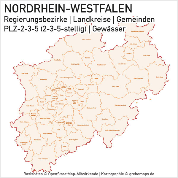 Nordrhein-Westfalen NRW Vektorkarte Landkreise Gemeinden PLZ-2-3-5, Karte PLZ NRW, Karte PLZ Nordrhein-Westfalen, Gemeindekarte NRW, Karte NRW