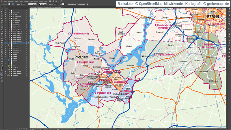Berlin Potsdam Vektorkarte Stadtbezirke Stadtteile Topographie, Karte Berlin Potsdam Stadtbezirke, Karte Berlin Potsdam Stadtteile, Basiskarte Berlin Potsdam, Karte Vektor Berlin Potsdam