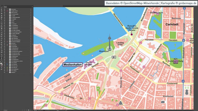 Düsseldorf-Innenstadt Stadtplan Vektorkarte mit Gebäuden