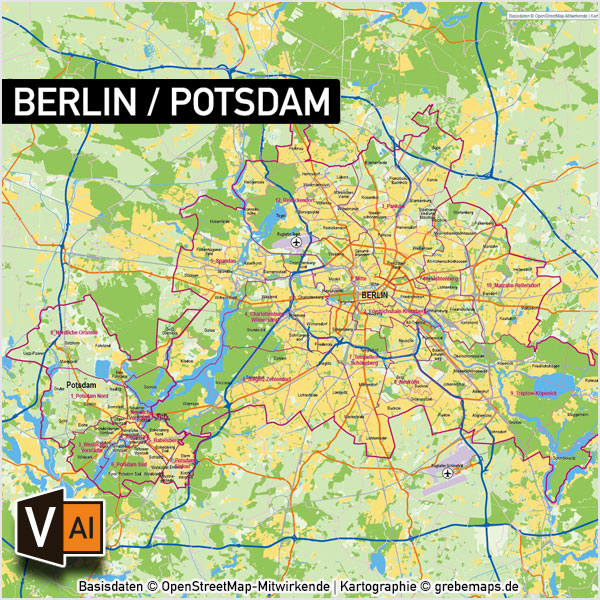 Berlin Potsdam Vektorkarte Stadtbezirke Stadtteile Topographie