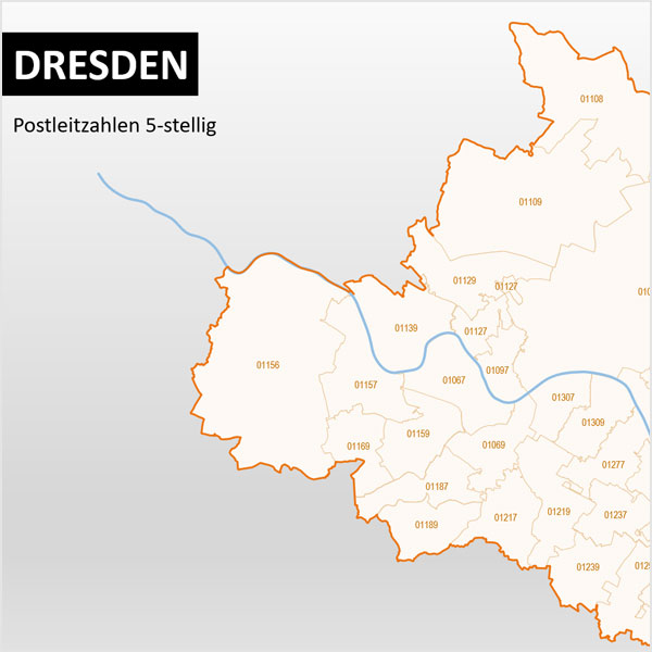 Dresden PowerPoint-Karte Postleitzahlen PLZ-5 Stadtteile Stadtbezirke