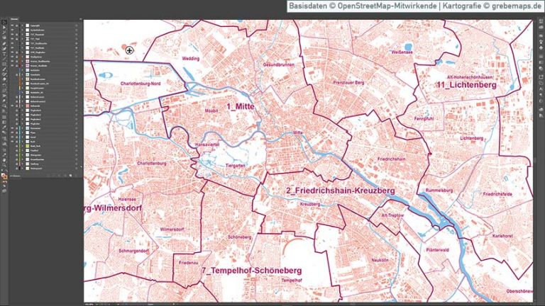 Berlin Karte Vektor Übersicht mit Gebäuden Stadtteilen Topographie