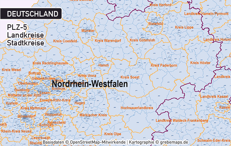 Deutschland Postleitzahlen PLZ-5 Vektorkarte 5-stellig, Karte PLZ 5-stellig Deutschland, Karte PLZ Deutschland mit Landkreisen