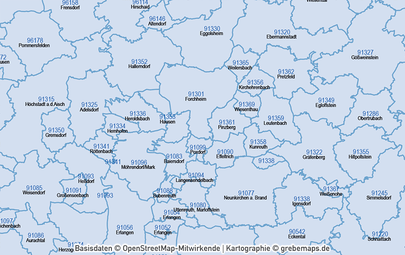 Deutschland Postleitzahlen PLZ-5 Vektorkarte 5-stellig, Karte PLZ 5-stellig Deutschland, Karte PLZ Deutschland mit PLZ-5 und Ortsnamen