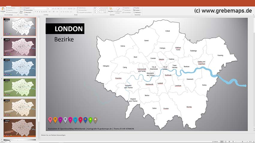 London PowerPoint-Karte Bezirke Boroughs, Vektorkarte Stadtbezirke London, London Bezirke Karte
