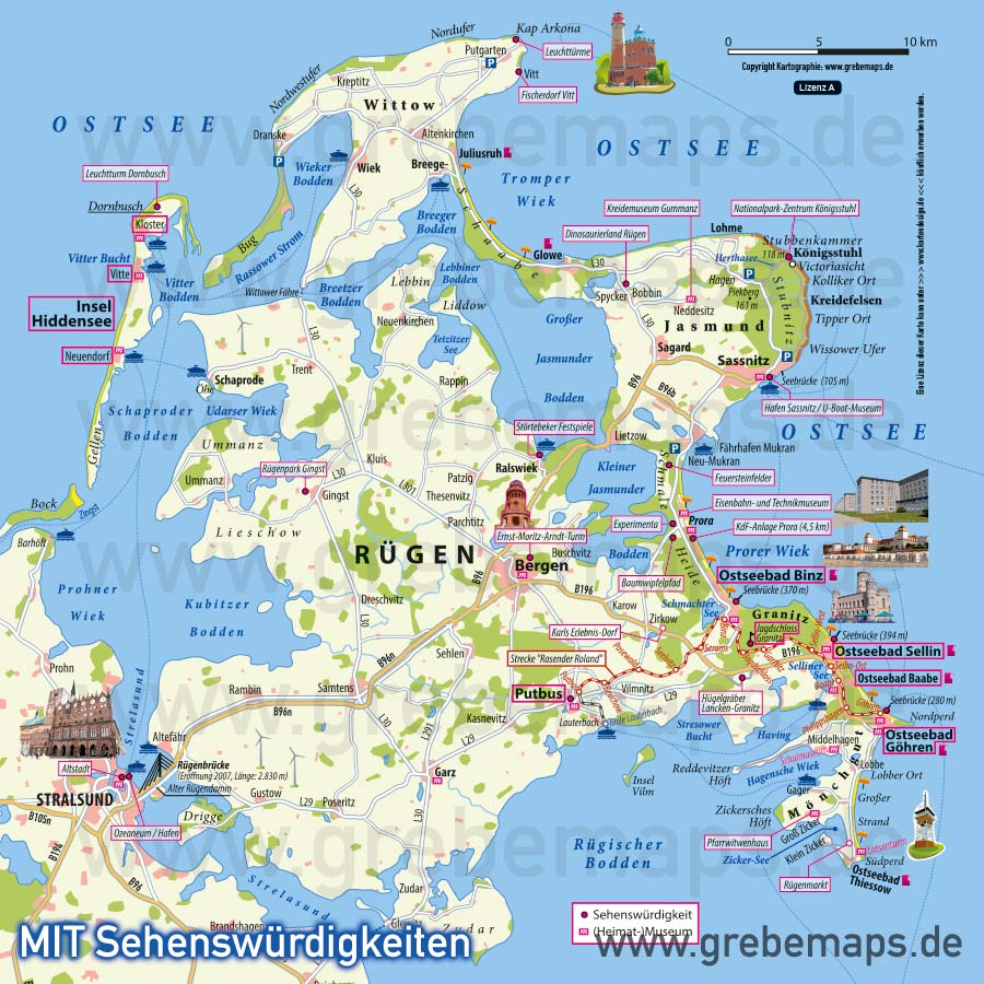 Rügen Übersichtskarte mit Sehenswürdigkeiten, Landkarte Rügen Übersicht, Karte Rügen, Inselkarte Rügen, TIFF, Print