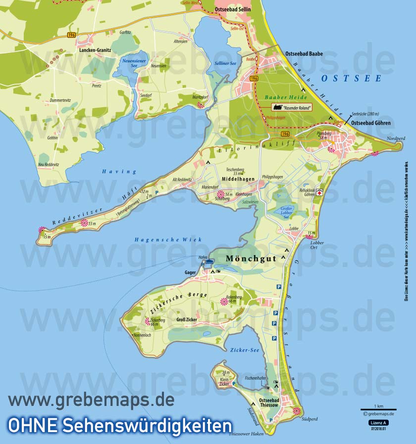 Rügen Mönchgut Übersichtskarte, Karte Möchgut Rügen, Karte Rügen Mönchgut, Landkarte Rügen Mönchgut, Inselkarte Mönchgut auf Rügen