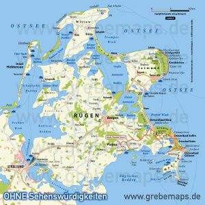 Rügen Übersichtskarte ohne Sehenswürdigkeiten, Landkarte Rügen Übersicht, Karte Rügen, Inselkarte Rügen, TIFF, Print