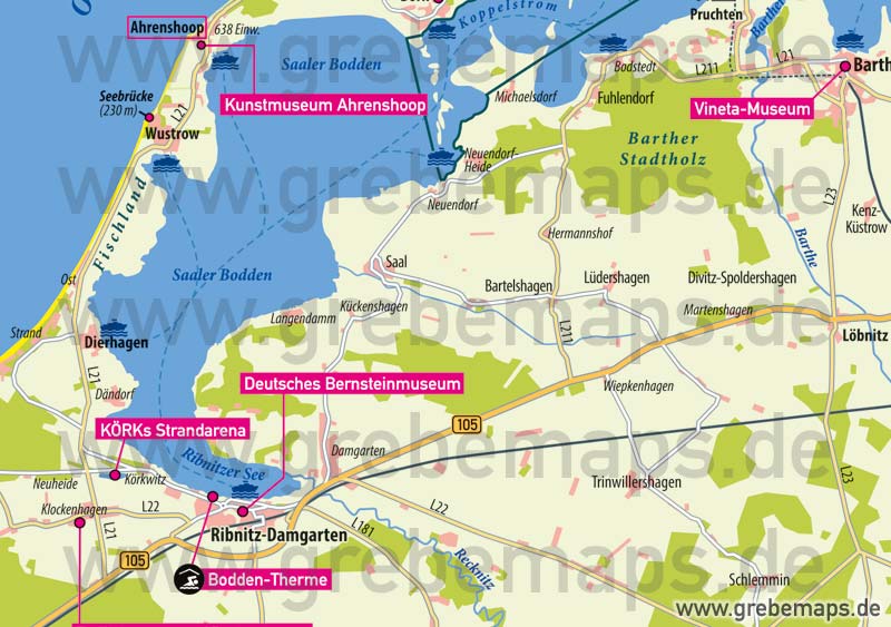 Fischland-Darß-Zingst Übersichtskarte mit Sehenswürdigkeiten, Karte Fischland-Darß-Zingst
