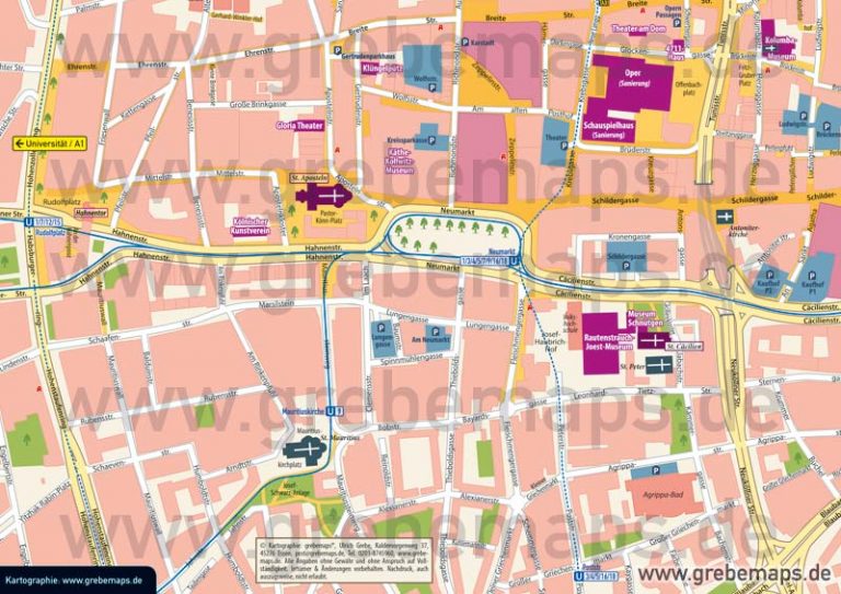 Stadtplan Köln-City für Print/Drucksachen/Flyer mit Sehenswürdigkeiten