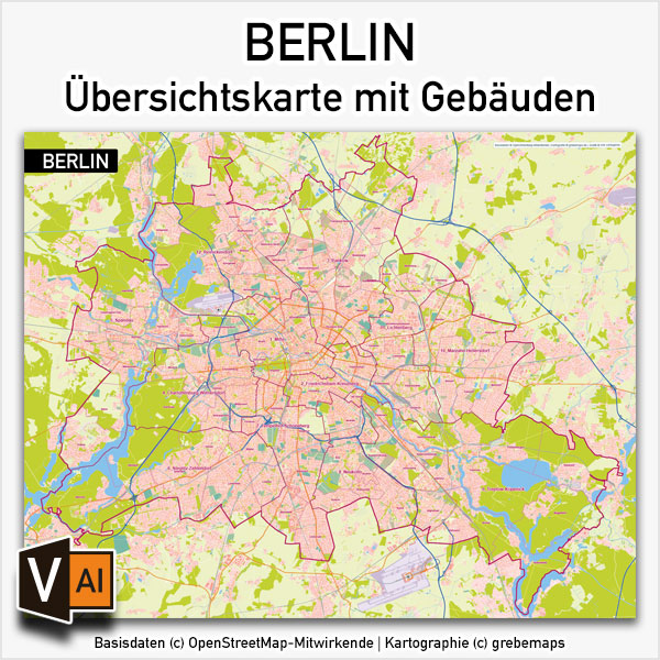 Berlin Karte Vektor Übersicht mit Gebäuden Stadtteilen Topographie