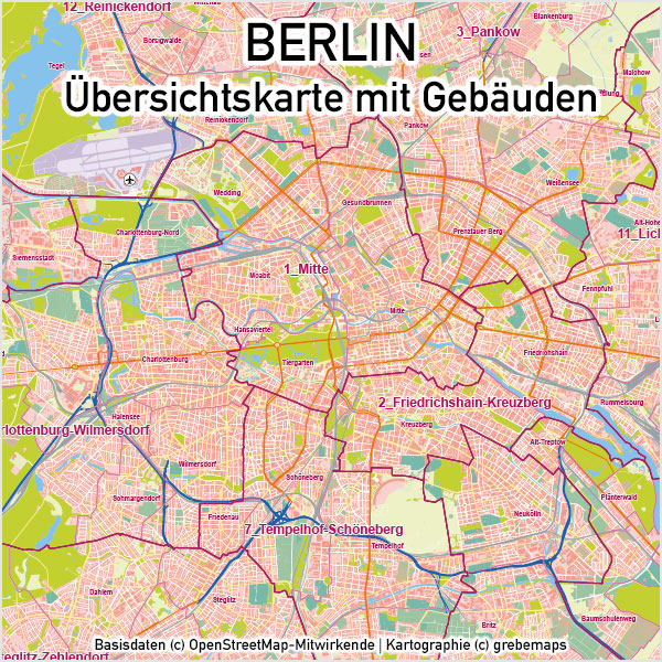 Berlin Karte Vektor Übersicht mit Gebäuden Stadtteilen Topographie, Karte Berlin Vektor, Vektorkarte Berlin, Berlin Übersichtskarte Vektor mit Gebäuden Stadtteilen Topographie