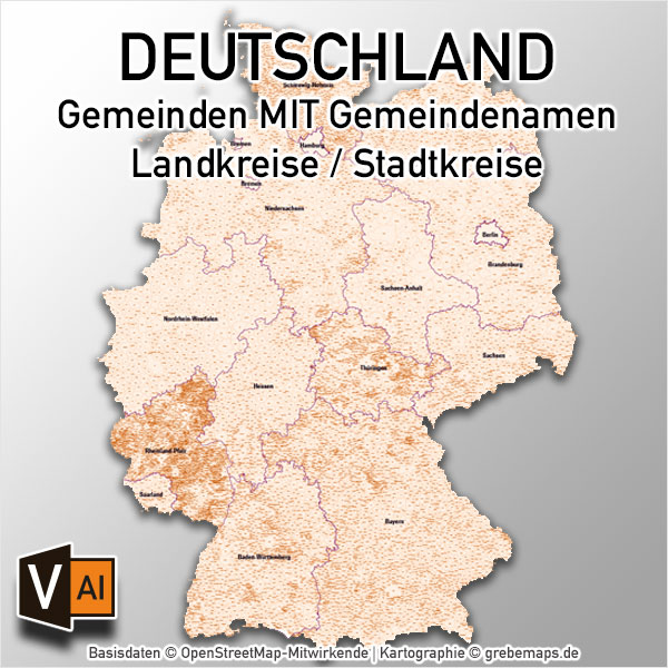 Deutschland Gemeinden MIT Gemeindenamen Vektorkarte Landkreise (2018)