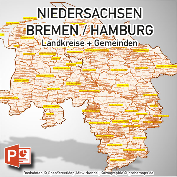 Niedersachsen Bremen Hamburg PowerPoint-Karte Landkreise Gemeinden, Karte Landkreise Niedersachsen, Karte Gemeinden Niedersachsen