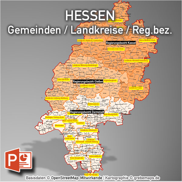 PowerPoint-Karte Hessen Landkreise Gemeinden