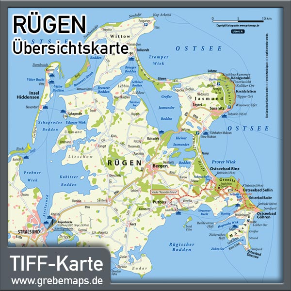 Rügen Übersichtskarte, Landkarte Rügen Übersicht, Karte Rügen, Inselkarte Rügen, TIFF, Print