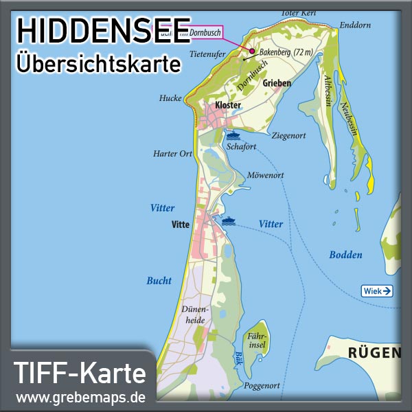 Hiddensee Übersichtskarte, Inselkarte Hiddensee, Karte Hiddensee für Print, Karte Insel Hiddensee, für Flyer, Faltblätter, Druck, Print, TIFF