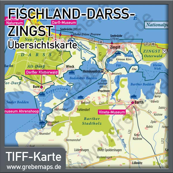 Fischland-Darß-Zingst Übersichtskarte mit Sehenswürdigkeiten, Karte Fischland-Darß-Zingst