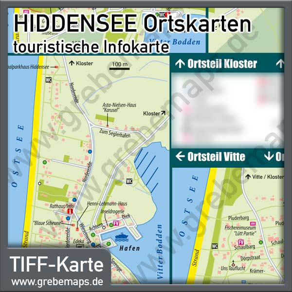 Hiddensee Ortsteile Kloster Vitte Neuendorf Infokarte, Karte Hiddensee Ortsteile
