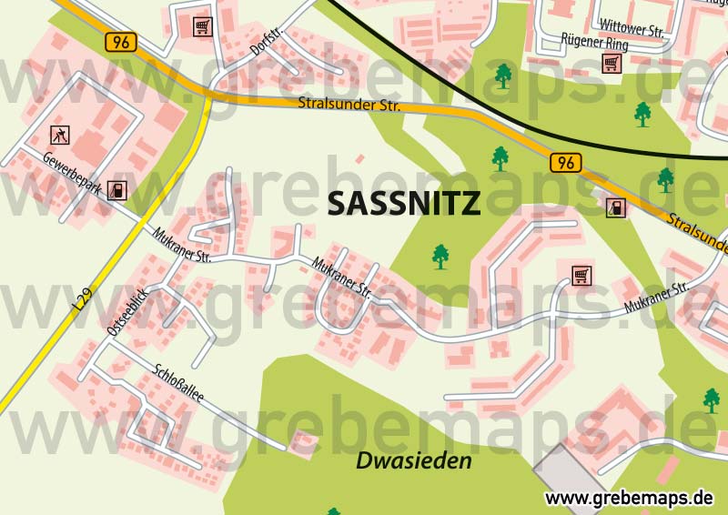 Ortsplan Sassnitz auf Rügen, Karte Sassnitz, Ortskarte Sassnitz, Stadtplan Sassnitz