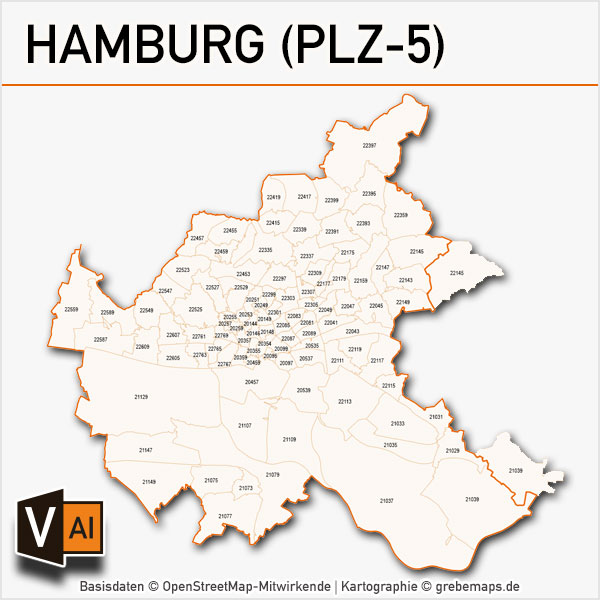 Hamburg Postleitzahlen-Karte PLZ-5 Vektor, Karte PLZ Hamburg 5-stellig, Hamburg PLZ Karte