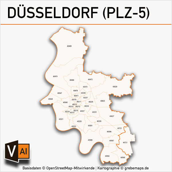 Düsseldorf Postleitzahlen-Karte PLZ-5 Vektor