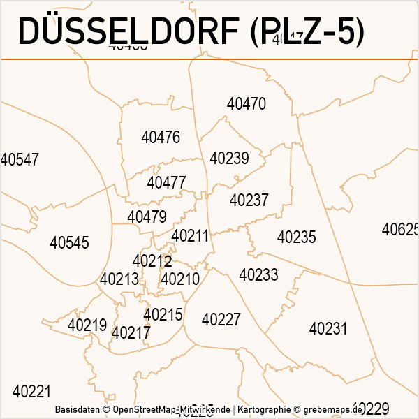 Düsseldorf Postleitzahlen-Karte PLZ-5 Vektor, PLZ-Karte Düsseldorf, Karte PLZ Düsseldorf, Vektorkarte Düsseldorf PLZ 5-stellig