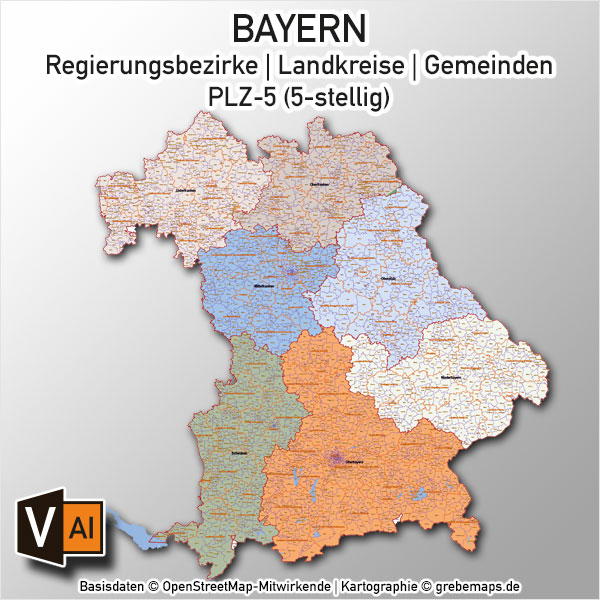 Bayern Vektorkarte Gemeinden Landkreise Regierungsbezirke PLZ-5 (2018)