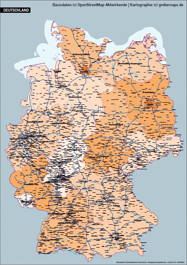 Deutschland PLUS Basiskarte Vektorkarte (2018), Basiskarte Deutschland Vektorkarte, Karte Deutschland Bundesländer mit Autobahnen, Orte, Gewässer, Karte Deutschland Regierungsbezirke