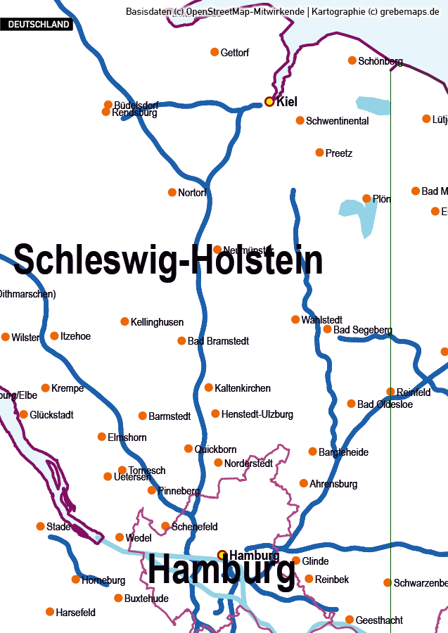 Basiskarte Deutschland Vektorkarte, Karte Deutschland Bundesländer mit Autobahnen, Orte, Gewässer, Karte Deutschland Regierungsbezirke