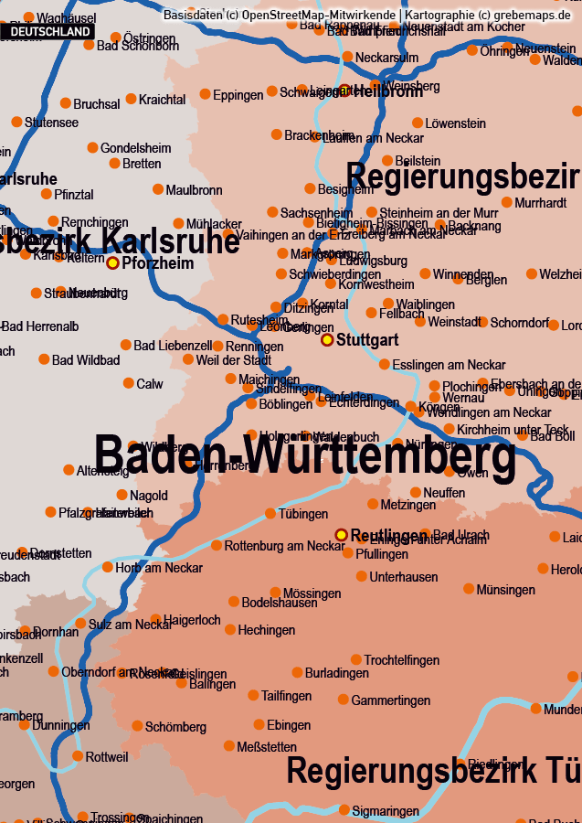 Basiskarte Deutschland Vektorkarte, Karte Deutschland Bundesländer mit Autobahnen, Orte, Gewässer, Karte Deutschland Regierungsbezirke