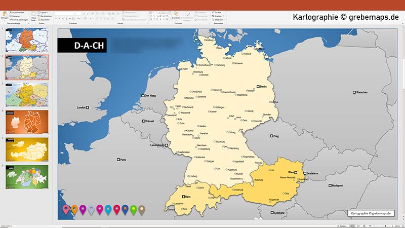 D-A-CH PowerPoint-Karte Deutschland Austria Schweiz, Karte D-A-CH für PowerPoint mit Bundesländern und Kantonen, Karte D-A-CH mit angrenzenden Ländern (Polen, Niederlande, Belgien, Luxemburg, Tschechien, Ungarn, Frankreich)