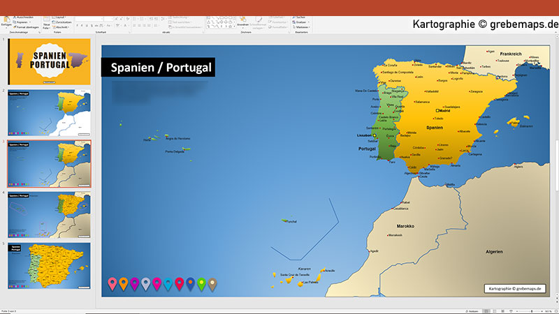 Spanien Portugal PowerPoint-Karte mit Provinzen, Vektorkarte Spanien Portugal mit Provinzen für PowerPoint, Karte Spanien Portugal mit Provinzen, Kanaren, Balearen, Azoren