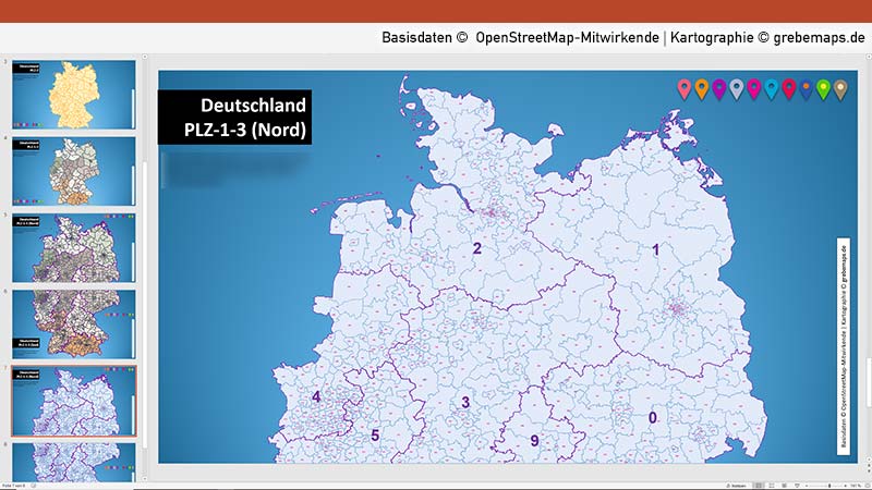 Deutschland PowerPoint-Karte Postleitzahlen PLZ-1-2-3, Vektorkarte Deutschland Postleitzahlen 1-stellig, 2-stellig, 3-stellig, Karte Deutschland PLZ-2, PLZ-3-, PLZ-1