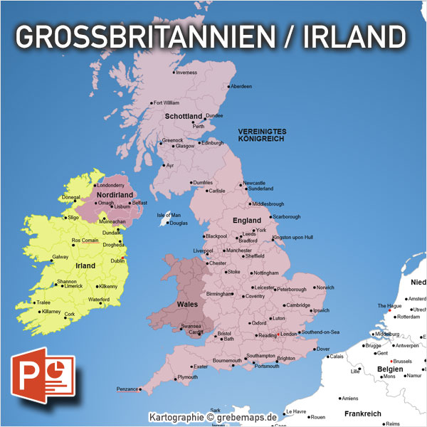 PowerPoint-Karte Großbritannien Irland mit Provinzen