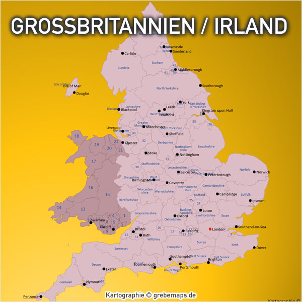 Großbritannien Irland PowerPoint-Karte mit Provinzen, England, Schottland, Nordirland, London Stadtbezirke