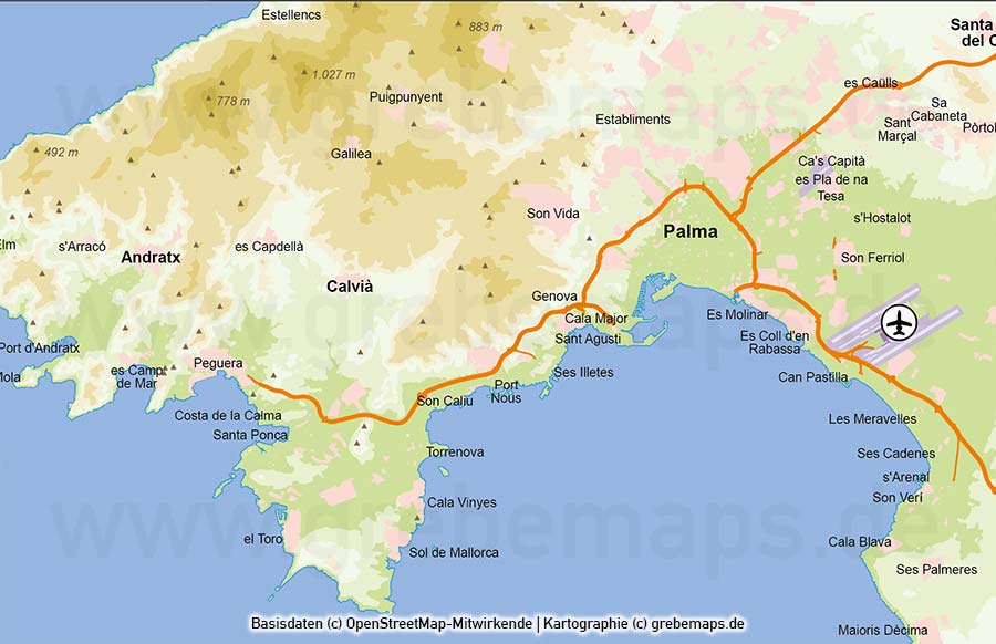 Mallorca Vektorkarte Höhenschichten Höhenlinien, Karte Mallorca Höhenschichten, Karte Mallorca physisch, Karte Vektor Mallora, Vektorkarte Mallorca physisch