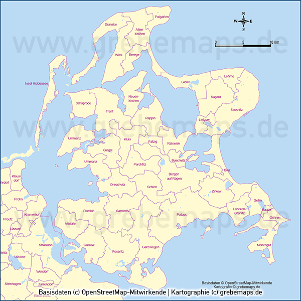 Rügen Vektorkarte Gemeinden, Karte Rügen Gemeinden, Karte Rügen Gemeindegrenzen, Karte Rügen administrativ, Karte Rügen Vektor, Inselkarte Rügen Gemeinden