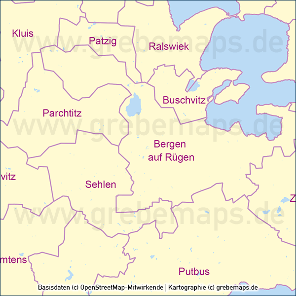 Rügen Vektorkarte Gemeinden, Karte Rügen Gemeinden, Karte Rügen Gemeindegrenzen, Karte Rügen administrativ, Karte Rügen Vektor, Inselkarte Rügen Gemeinden